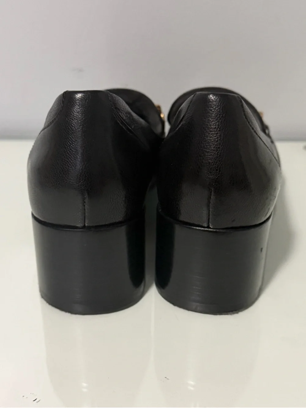 Tory Burch Jessa Loafers Black Leather Block Heel Loafers with Gold Chain Accent